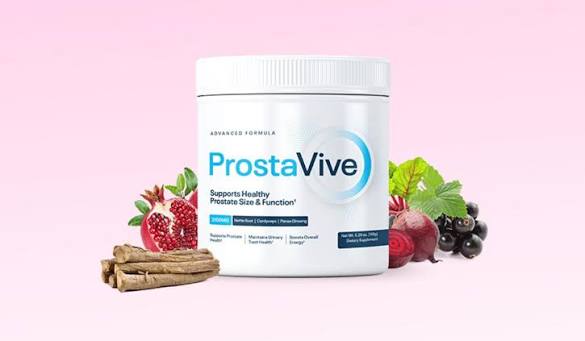 ProstaVive prostate health supplement jar with pomegranate, beet root, black currants and dried roots